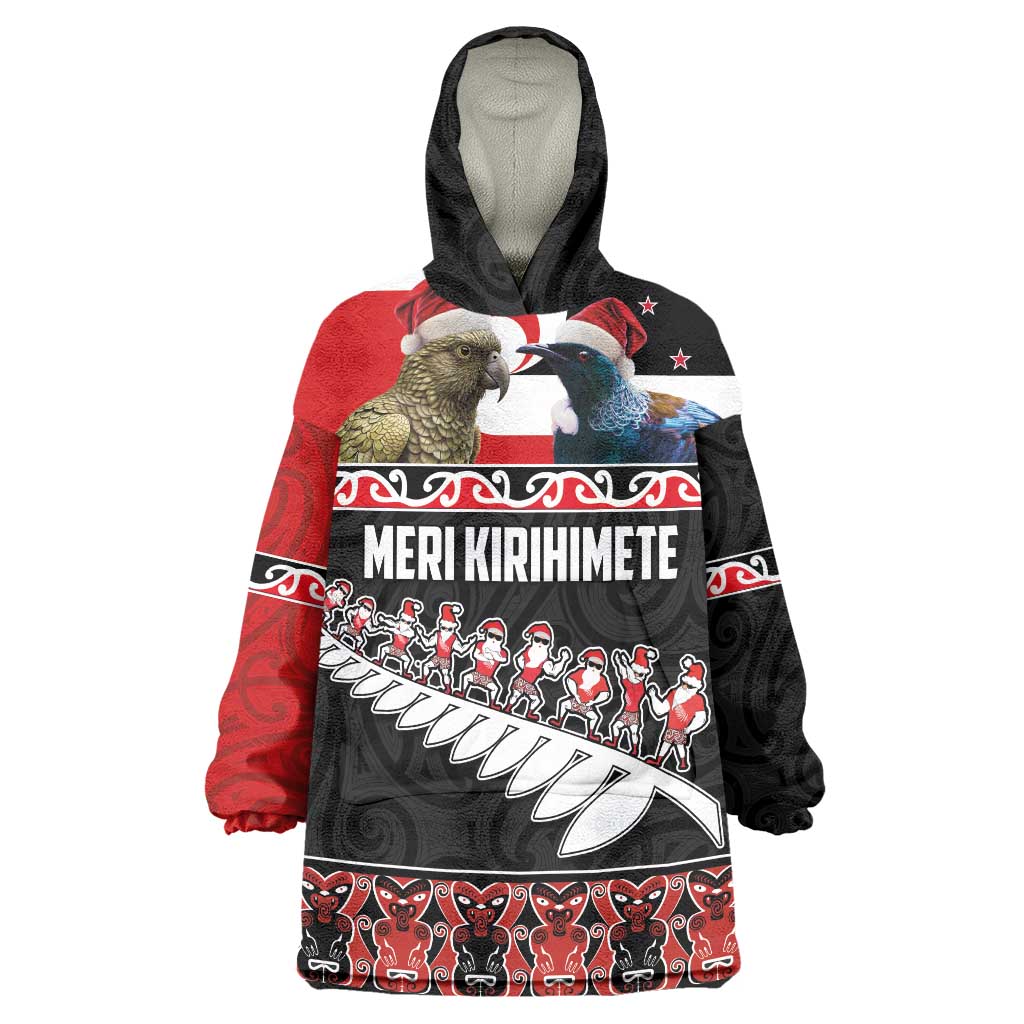 New Zealand Meri Kirihimete Wearable Blanket Hoodie Christmas Tui Bird and Kea Bird - Haka Santa with Maori Koru Art Pattern