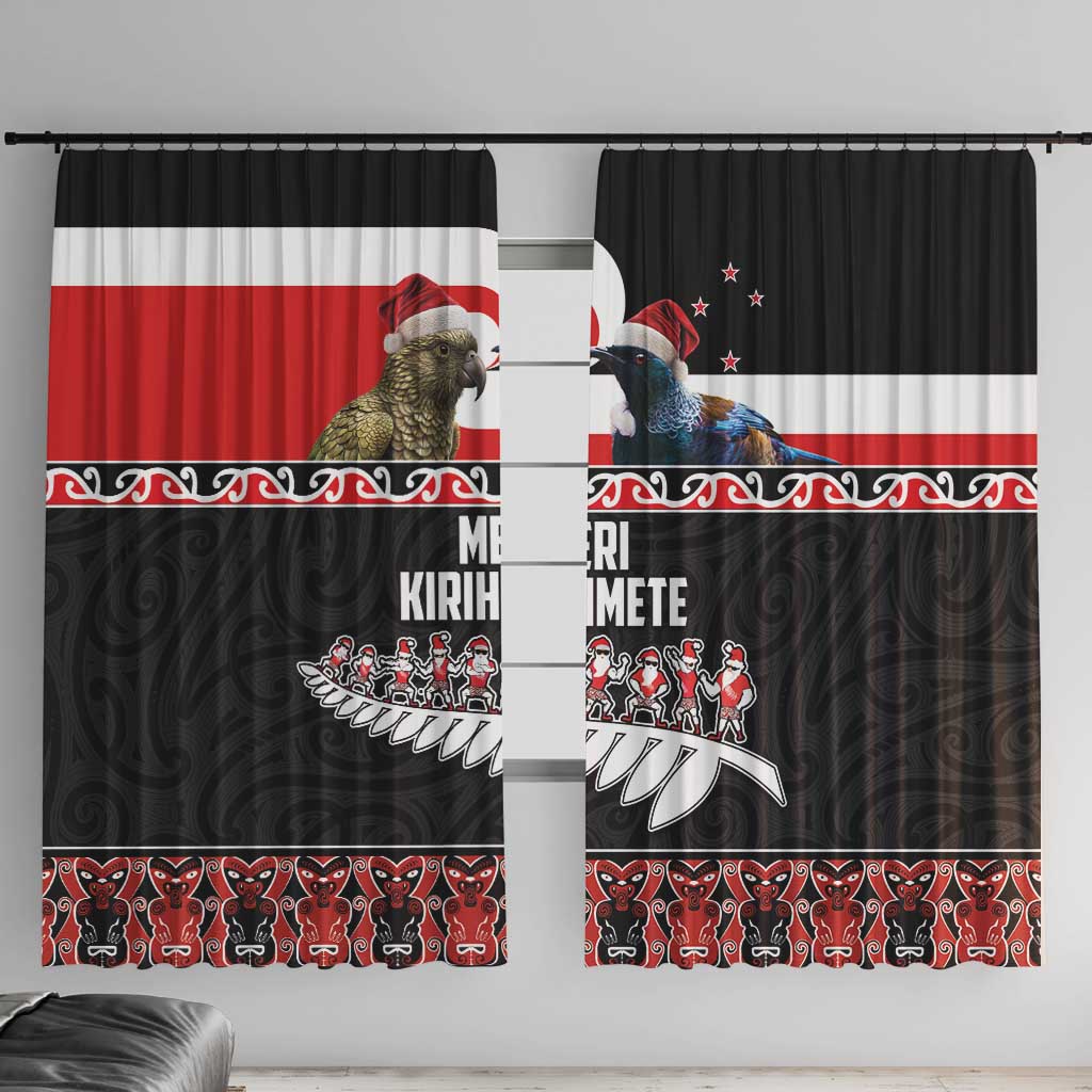 New Zealand Meri Kirihimete Window Curtain Christmas Tui Bird and Kea Bird - Haka Santa with Maori Koru Art Pattern