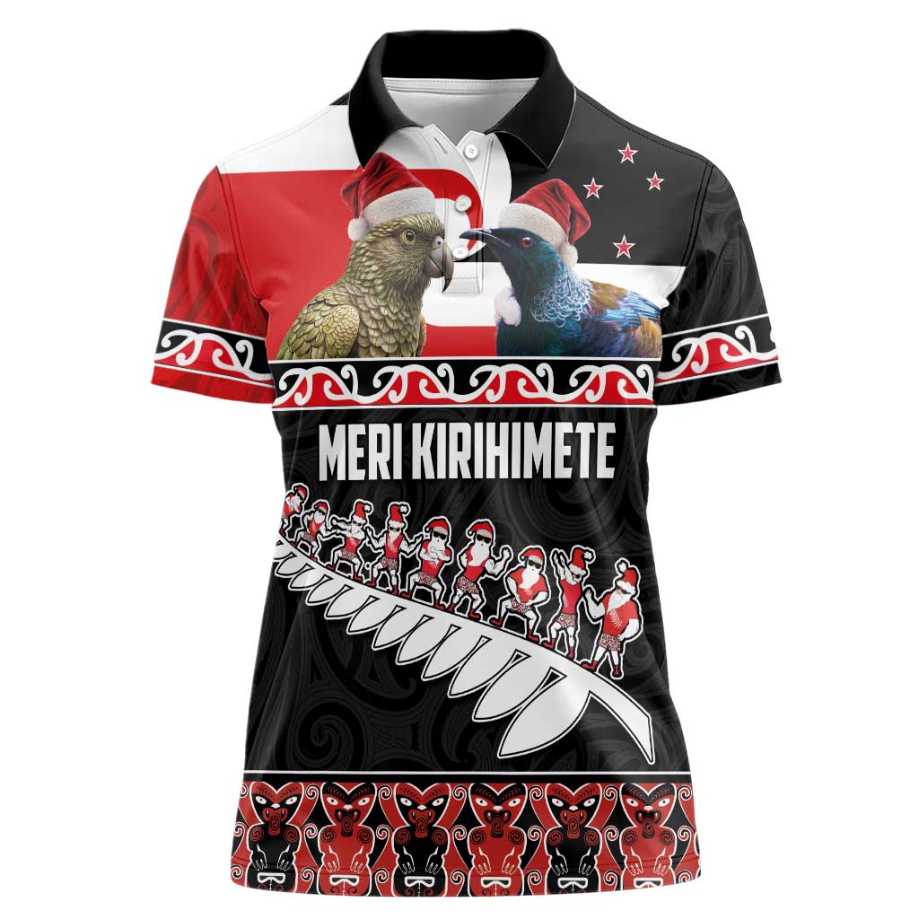 New Zealand Meri Kirihimete Women Polo Shirt Christmas Tui Bird and Kea Bird - Haka Santa with Maori Koru Art Pattern