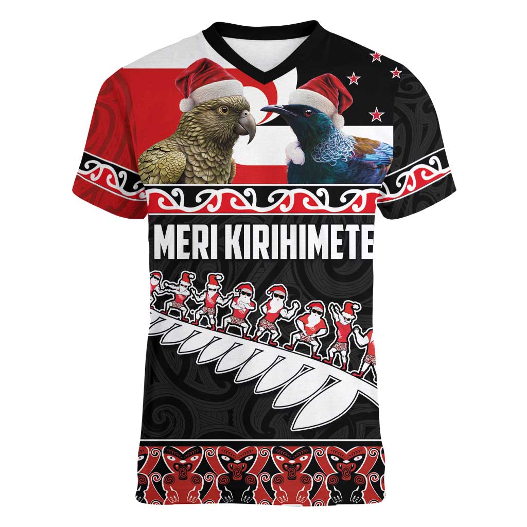 New Zealand Meri Kirihimete Women V-Neck T-Shirt Christmas Tui Bird and Kea Bird - Haka Santa with Maori Koru Art Pattern