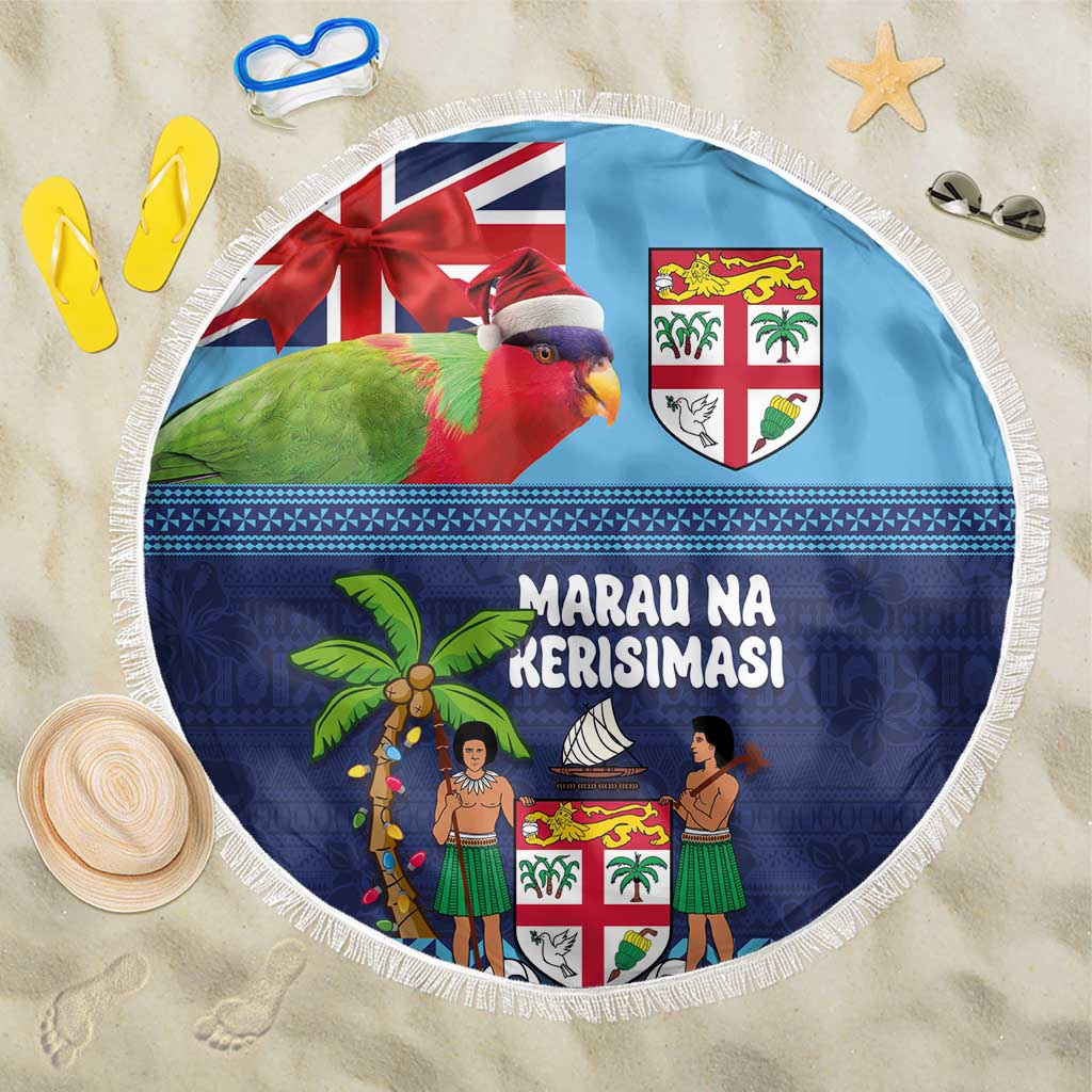 Fiji Marau na Kerisimasi Beach Blanket Christmas Collared Lory - Fiji Emblems and Xmas Palm Tree Tapa Art Pattern