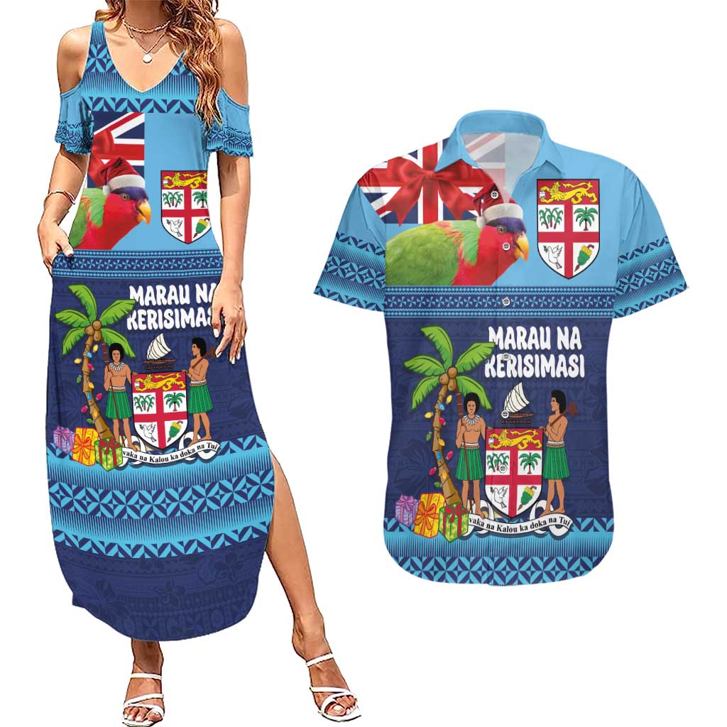 Fiji Marau na Kerisimasi Couples Matching Summer Maxi Dress and Hawaiian Shirt Christmas Collared Lory - Fiji Emblems and Xmas Palm Tree Tapa Art Pattern