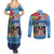 Fiji Marau na Kerisimasi Couples Matching Summer Maxi Dress and Long Sleeve Button Shirt Christmas Collared Lory - Fiji Emblems and Xmas Palm Tree Tapa Art Pattern