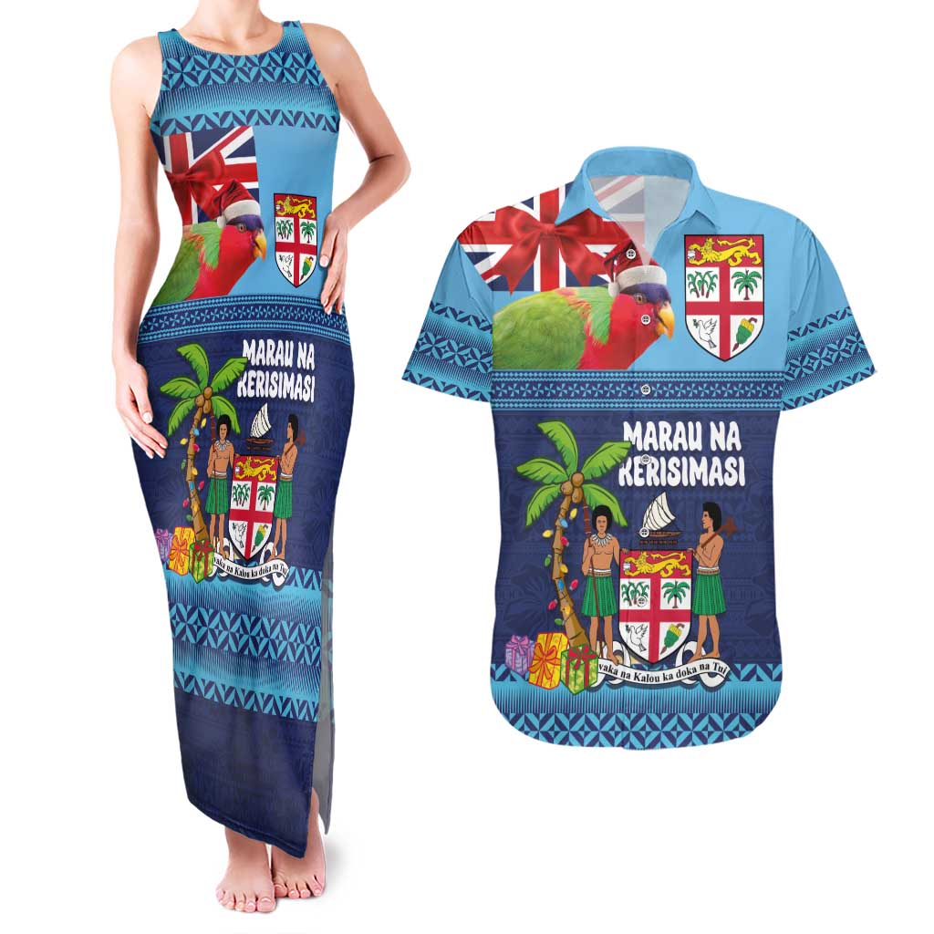 Fiji Marau na Kerisimasi Couples Matching Tank Maxi Dress and Hawaiian Shirt Christmas Collared Lory - Fiji Emblems and Xmas Palm Tree Tapa Art Pattern