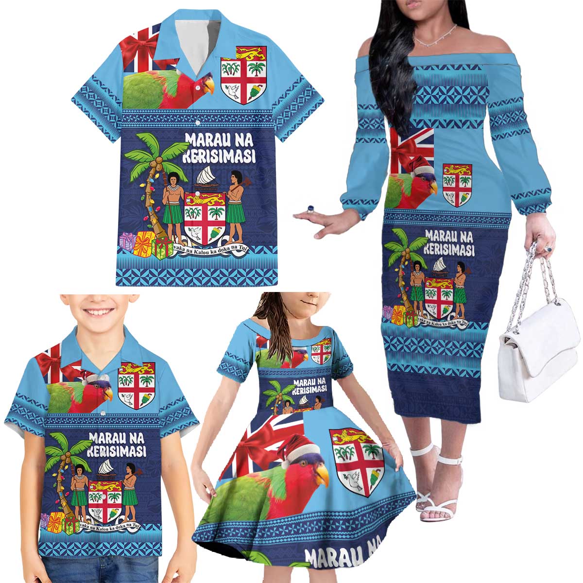 Fiji Marau na Kerisimasi Family Matching Off The Shoulder Long Sleeve Dress and Hawaiian Shirt Christmas Collared Lory - Fiji Emblems and Xmas Palm Tree Tapa Art Pattern