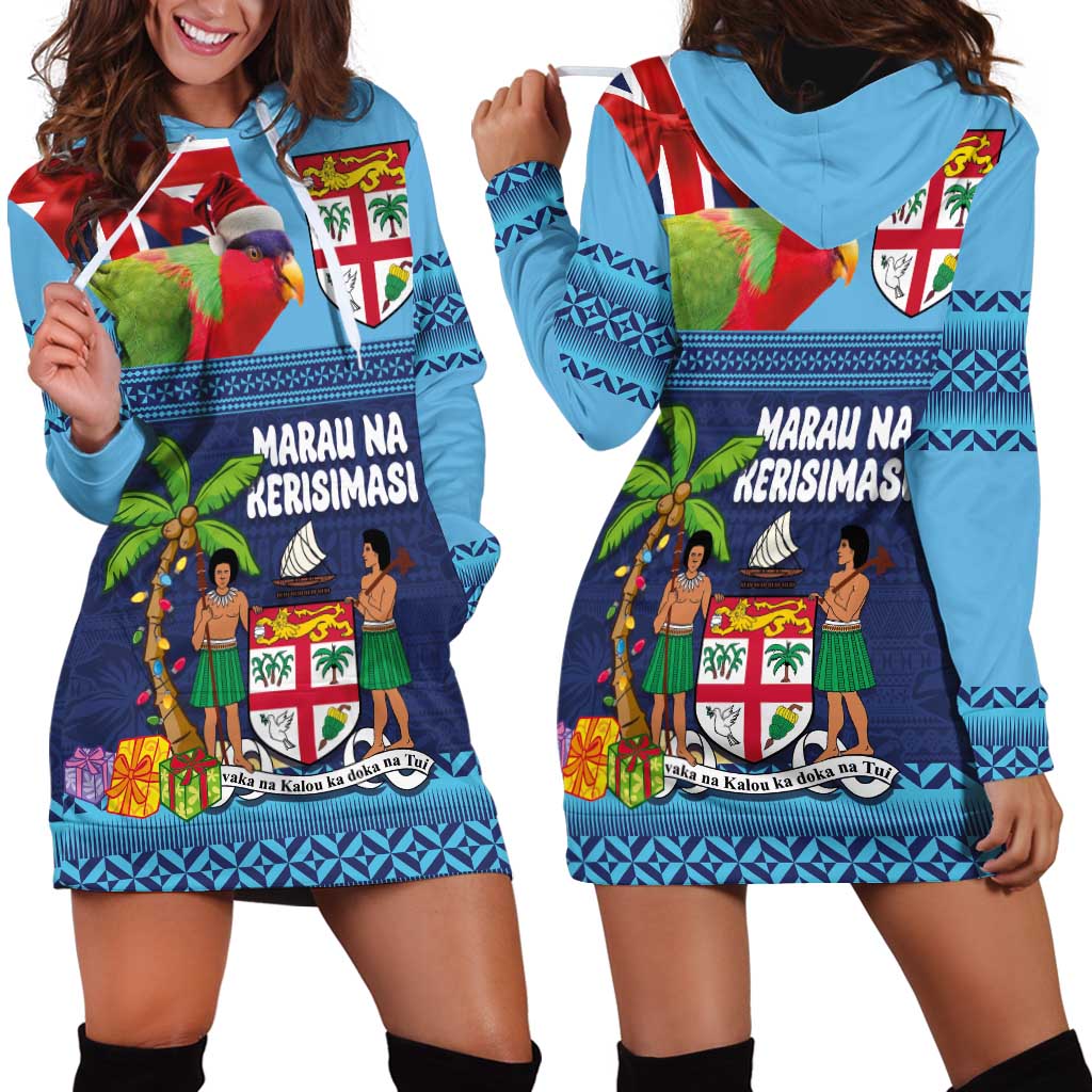 Fiji Marau na Kerisimasi Hoodie Dress Christmas Collared Lory - Fiji Emblems and Xmas Palm Tree Tapa Art Pattern