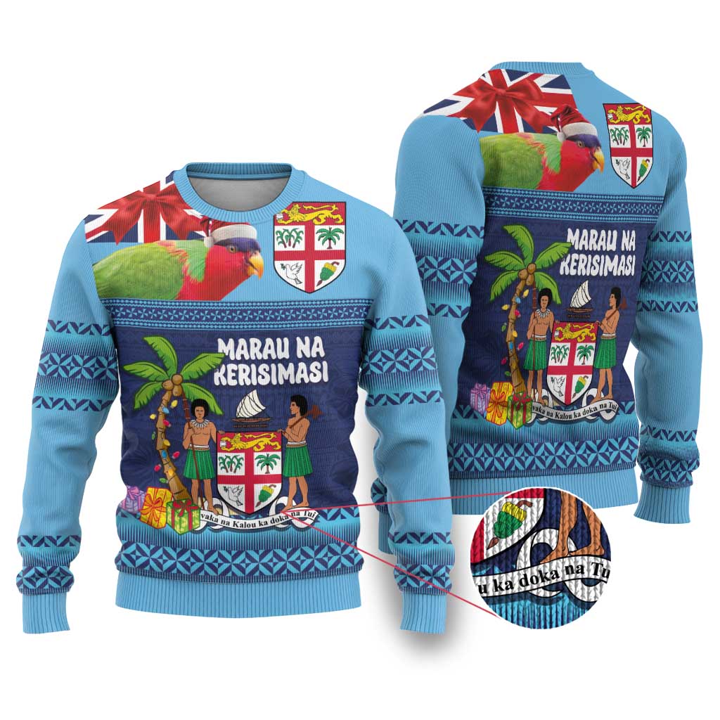 Fiji Marau na Kerisimasi Ugly Christmas Sweater Christmas Collared Lory - Fiji Emblems and Xmas Palm Tree Tapa Art Pattern