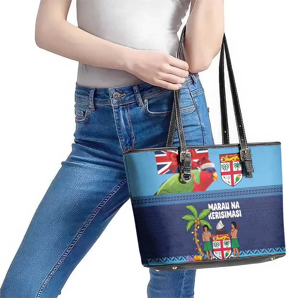 Fiji Marau na Kerisimasi Leather Tote Bag Christmas Collared Lory - Fiji Emblems and Xmas Palm Tree Tapa Art Pattern