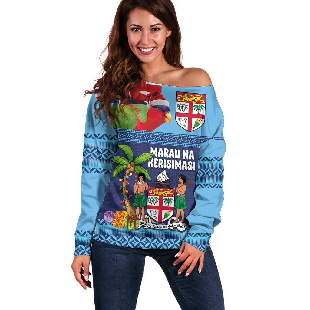 Fiji Marau na Kerisimasi Off Shoulder Sweater Christmas Collared Lory - Fiji Emblems and Xmas Palm Tree Tapa Art Pattern