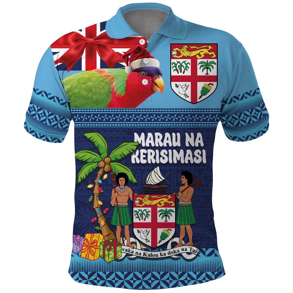 Fiji Marau na Kerisimasi Polo Shirt Christmas Collared Lory - Fiji Emblems and Xmas Palm Tree Tapa Art Pattern