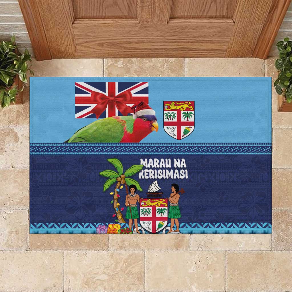 Fiji Marau na Kerisimasi Rubber Doormat Christmas Collared Lory - Fiji Emblems and Xmas Palm Tree Tapa Art Pattern