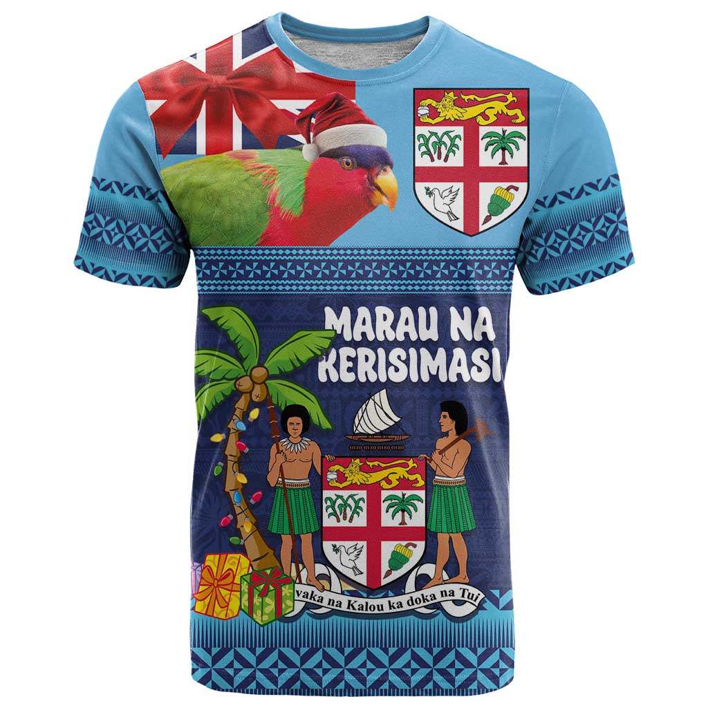 Fiji Marau na Kerisimasi T Shirt Christmas Collared Lory - Fiji Emblems and Xmas Palm Tree Tapa Art Pattern