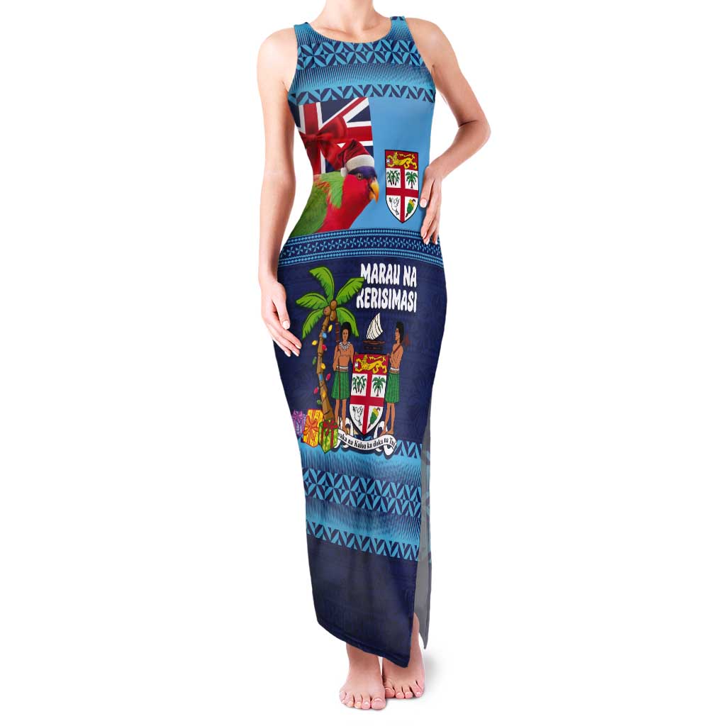 Fiji Marau na Kerisimasi Tank Maxi Dress Christmas Collared Lory - Fiji Emblems and Xmas Palm Tree Tapa Art Pattern