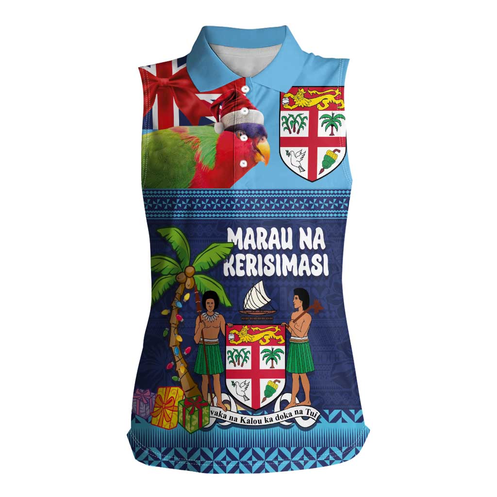 Fiji Marau na Kerisimasi Women Sleeveless Polo Shirt Christmas Collared Lory - Fiji Emblems and Xmas Palm Tree Tapa Art Pattern