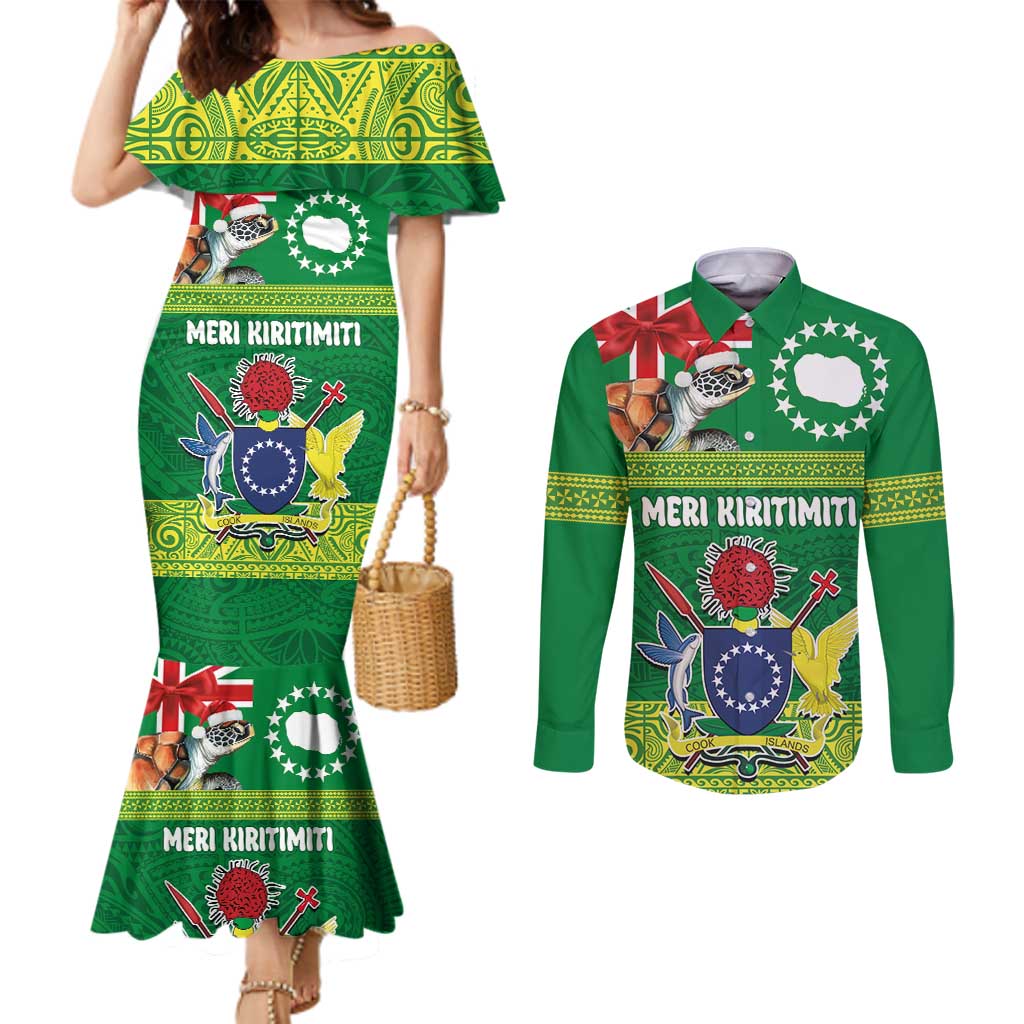 Cook Islands Meri Kiritimiti Couples Matching Mermaid Dress and Long Sleeve Button Shirt Christmas Turtle - Cooks Islands Emblems and Polynesian Art Pattern