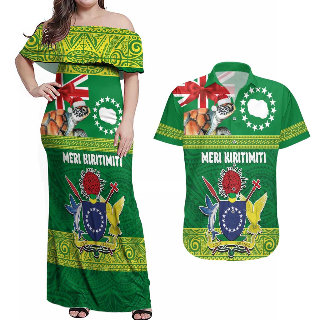 Cook Islands Meri Kiritimiti Couples Matching Off Shoulder Maxi Dress and Hawaiian Shirt Christmas Turtle - Cooks Islands Emblems and Polynesian Art Pattern