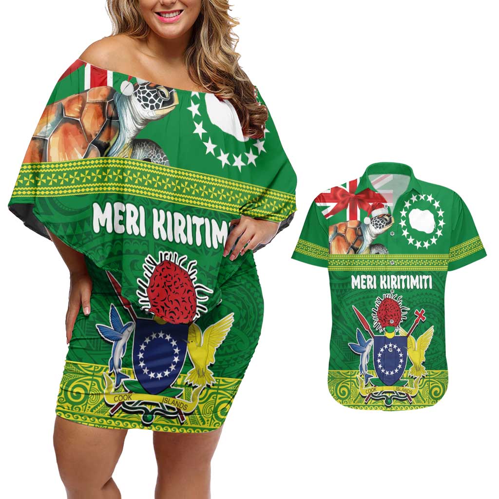 Cook Islands Meri Kiritimiti Couples Matching Off Shoulder Short Dress and Hawaiian Shirt Christmas Turtle - Cooks Islands Emblems and Polynesian Art Pattern