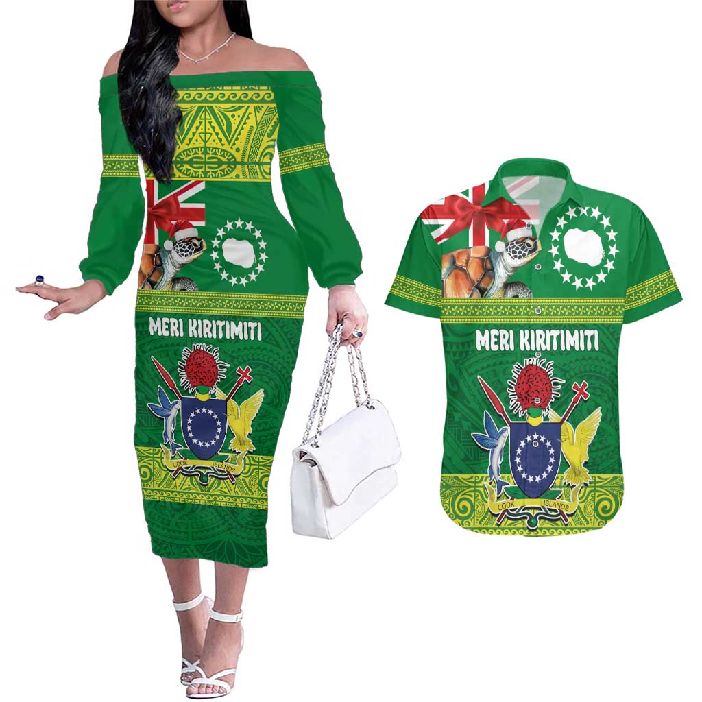 Cook Islands Meri Kiritimiti Couples Matching Off The Shoulder Long Sleeve Dress and Hawaiian Shirt Christmas Turtle - Cooks Islands Emblems and Polynesian Art Pattern