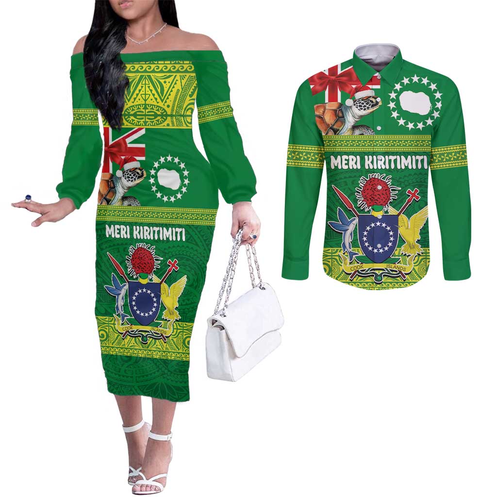 Cook Islands Meri Kiritimiti Couples Matching Off The Shoulder Long Sleeve Dress and Long Sleeve Button Shirt Christmas Turtle - Cooks Islands Emblems and Polynesian Art Pattern