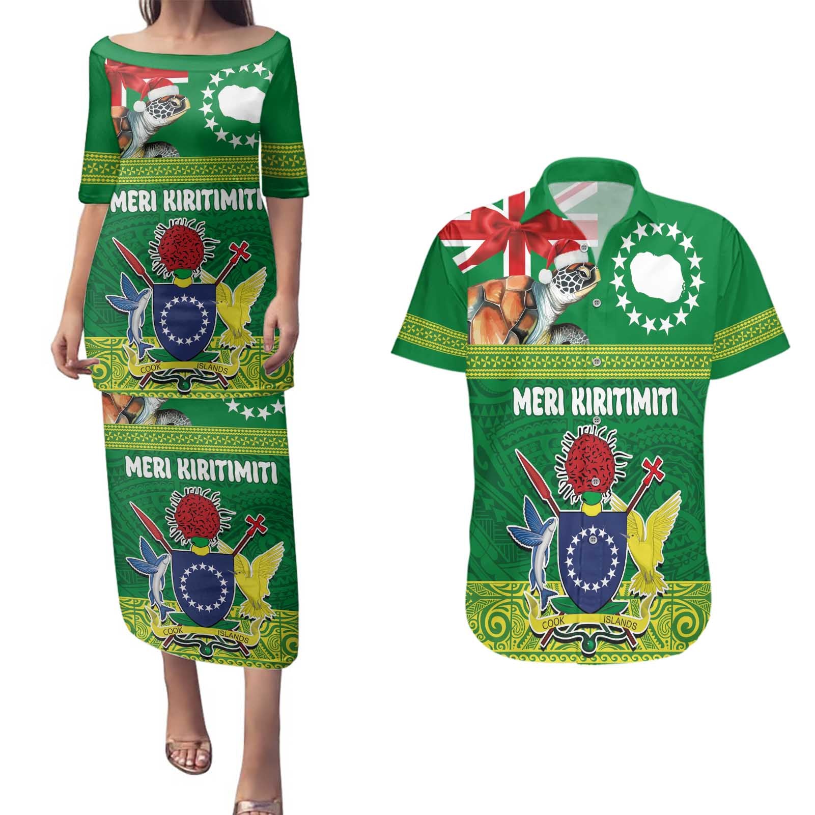 Cook Islands Meri Kiritimiti Couples Matching Puletasi and Hawaiian Shirt Christmas Turtle - Cooks Islands Emblems and Polynesian Art Pattern