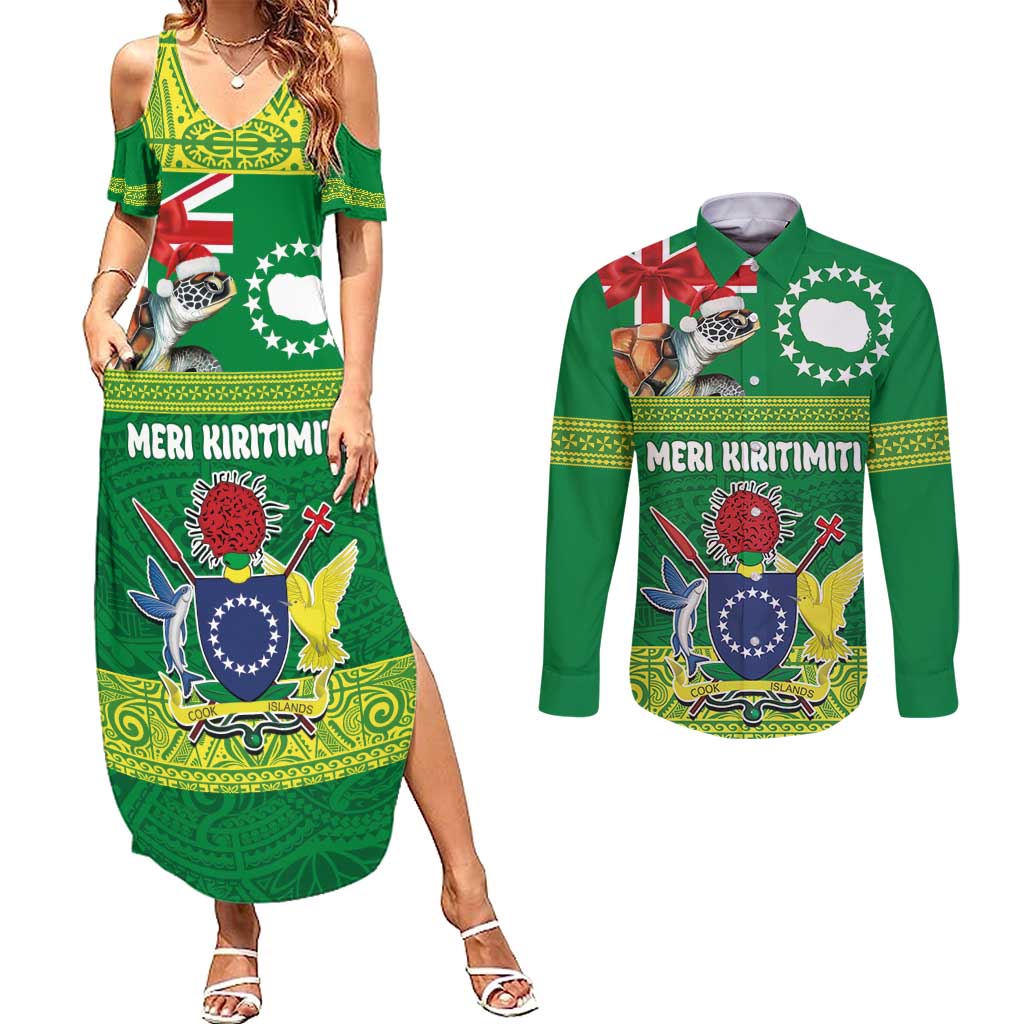 Cook Islands Meri Kiritimiti Couples Matching Summer Maxi Dress and Long Sleeve Button Shirt Christmas Turtle - Cooks Islands Emblems and Polynesian Art Pattern