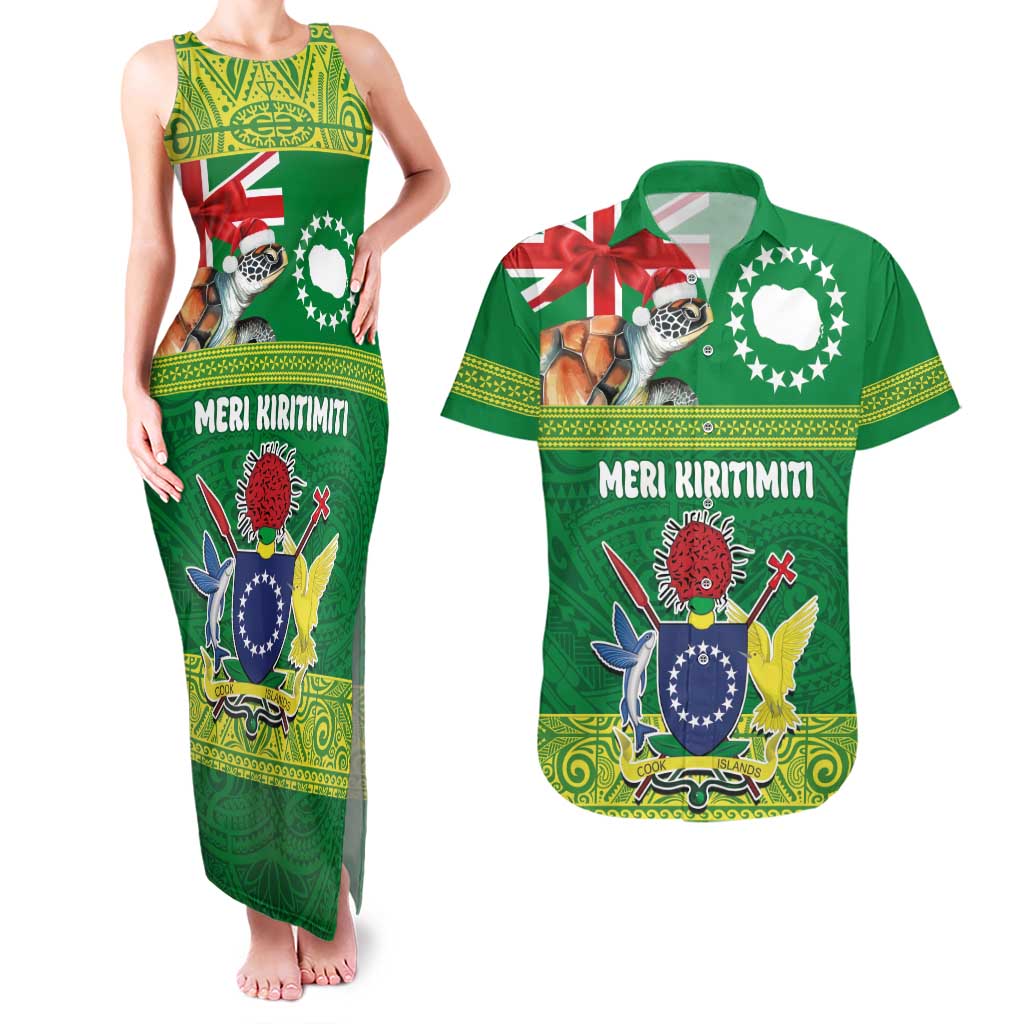 Cook Islands Meri Kiritimiti Couples Matching Tank Maxi Dress and Hawaiian Shirt Christmas Turtle - Cooks Islands Emblems and Polynesian Art Pattern