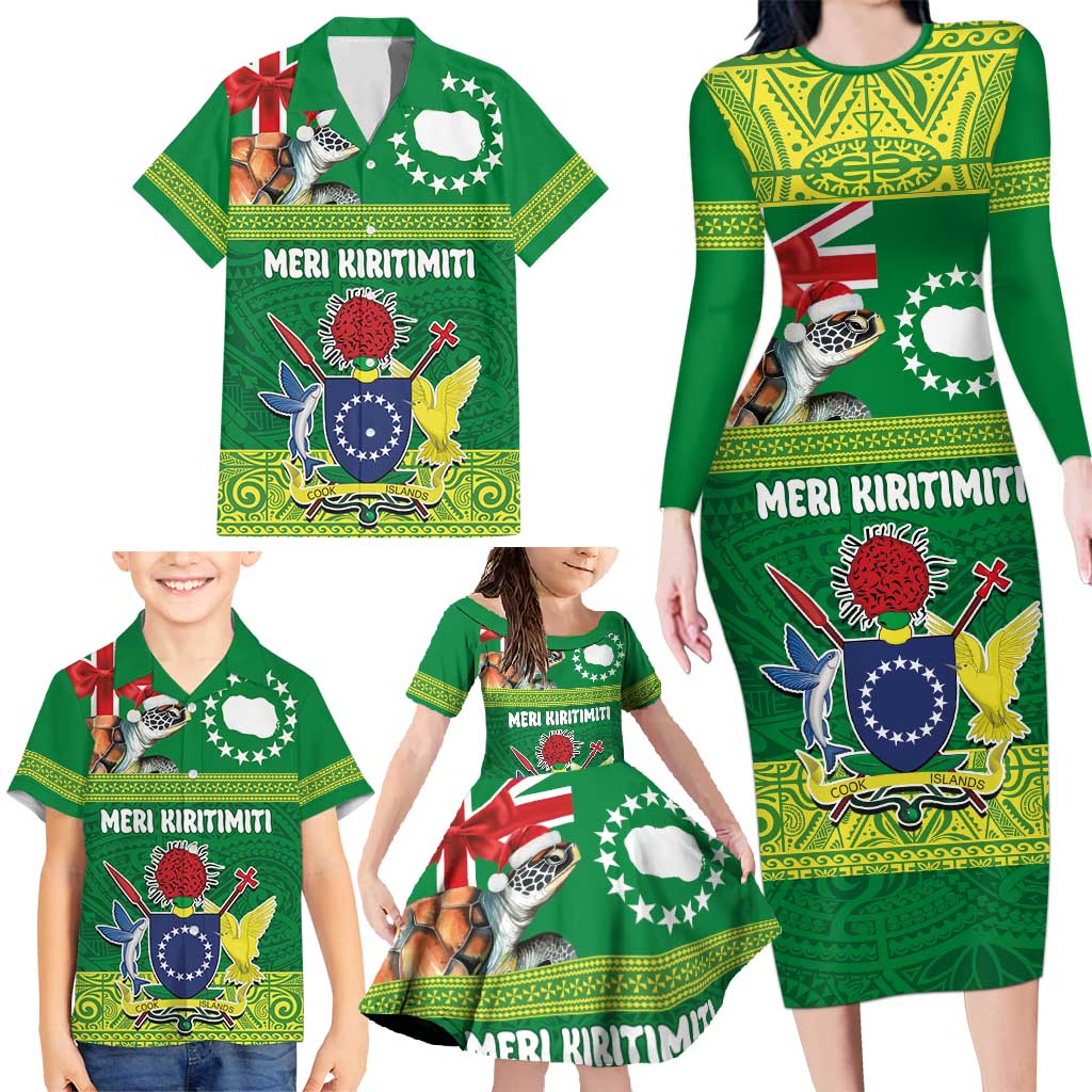 Cook Islands Meri Kiritimiti Family Matching Long Sleeve Bodycon Dress and Hawaiian Shirt Christmas Turtle - Cooks Islands Emblems and Polynesian Art Pattern