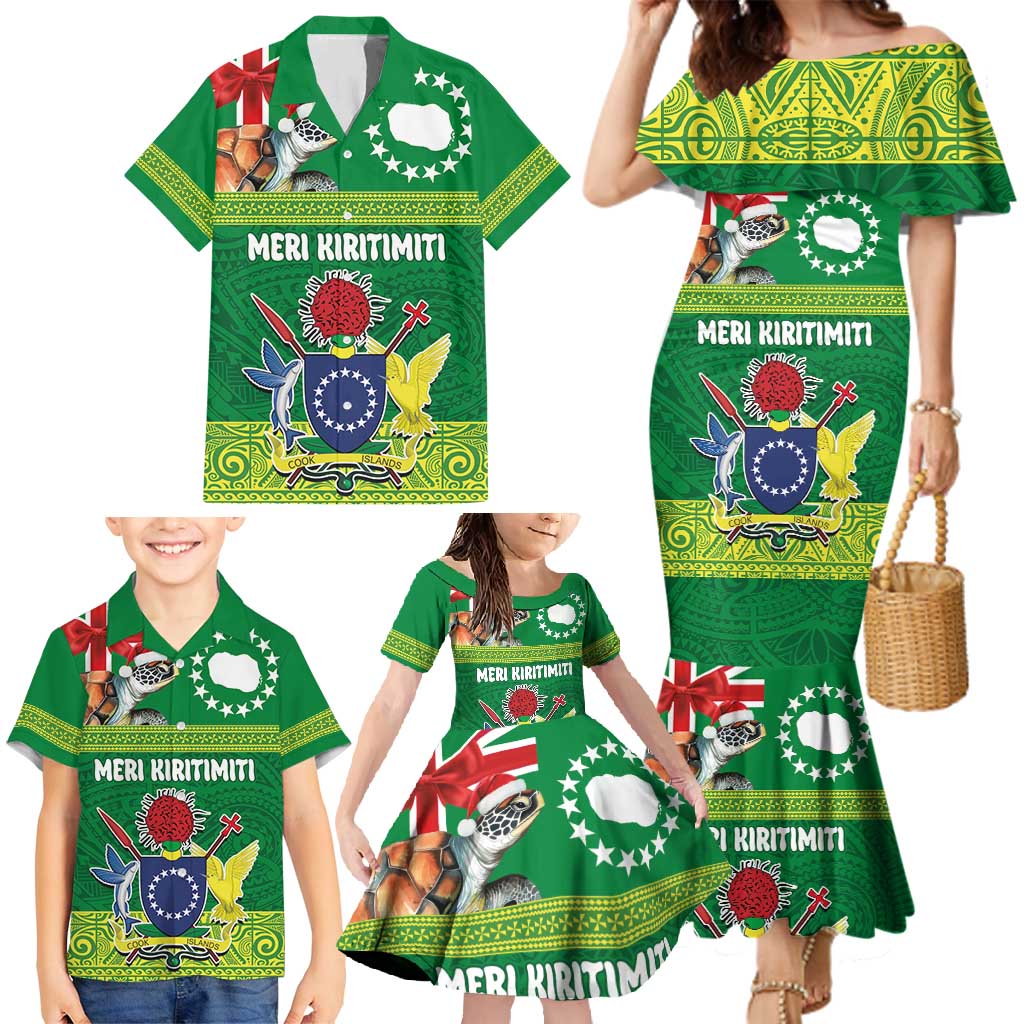 Cook Islands Meri Kiritimiti Family Matching Mermaid Dress and Hawaiian Shirt Christmas Turtle - Cooks Islands Emblems and Polynesian Art Pattern