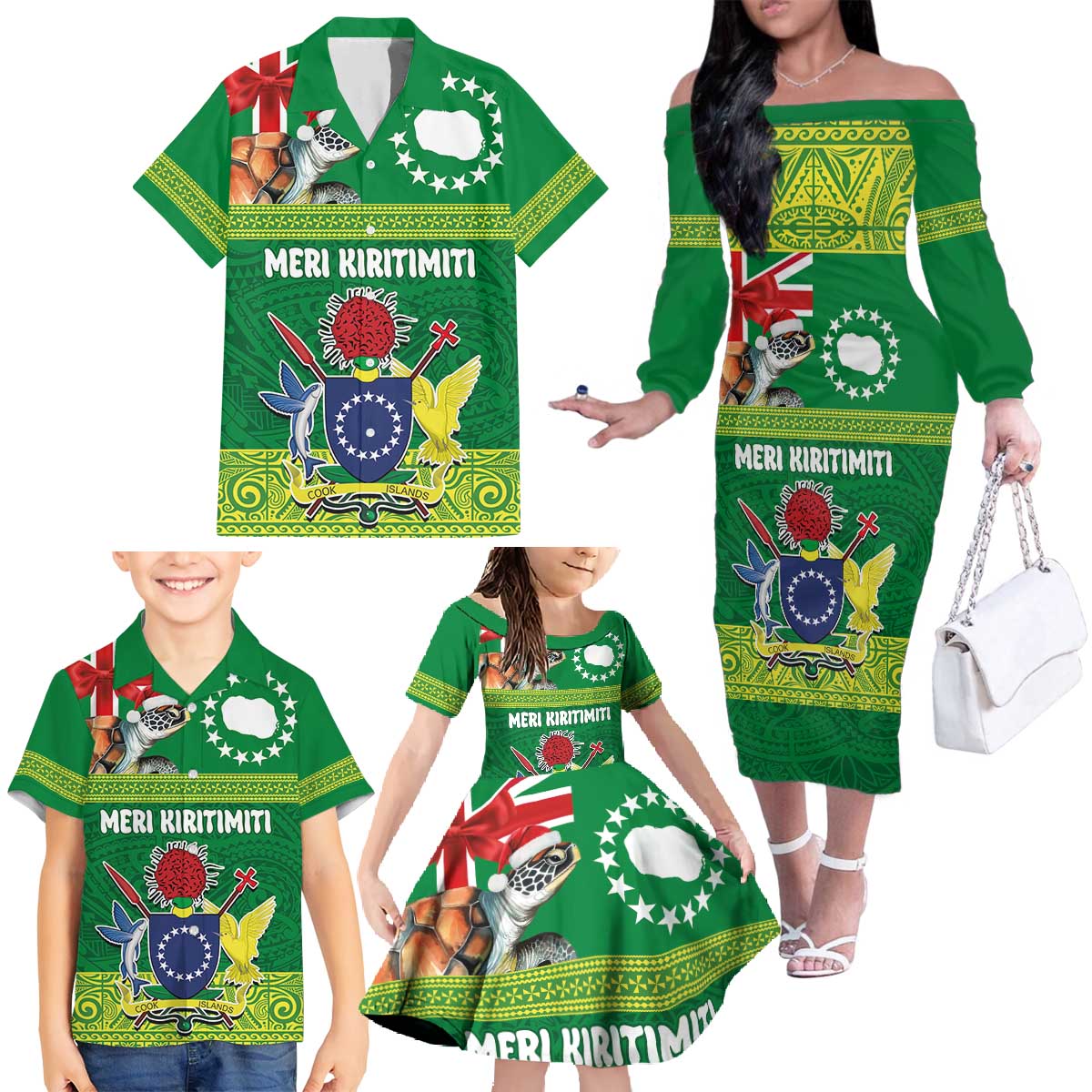 Cook Islands Meri Kiritimiti Family Matching Off The Shoulder Long Sleeve Dress and Hawaiian Shirt Christmas Turtle - Cooks Islands Emblems and Polynesian Art Pattern