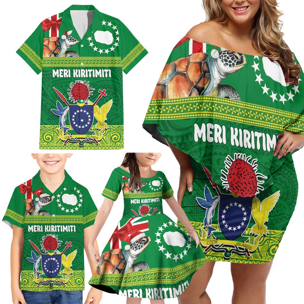 Cook Islands Meri Kiritimiti Family Matching Off Shoulder Short Dress and Hawaiian Shirt Christmas Turtle - Cooks Islands Emblems and Polynesian Art Pattern