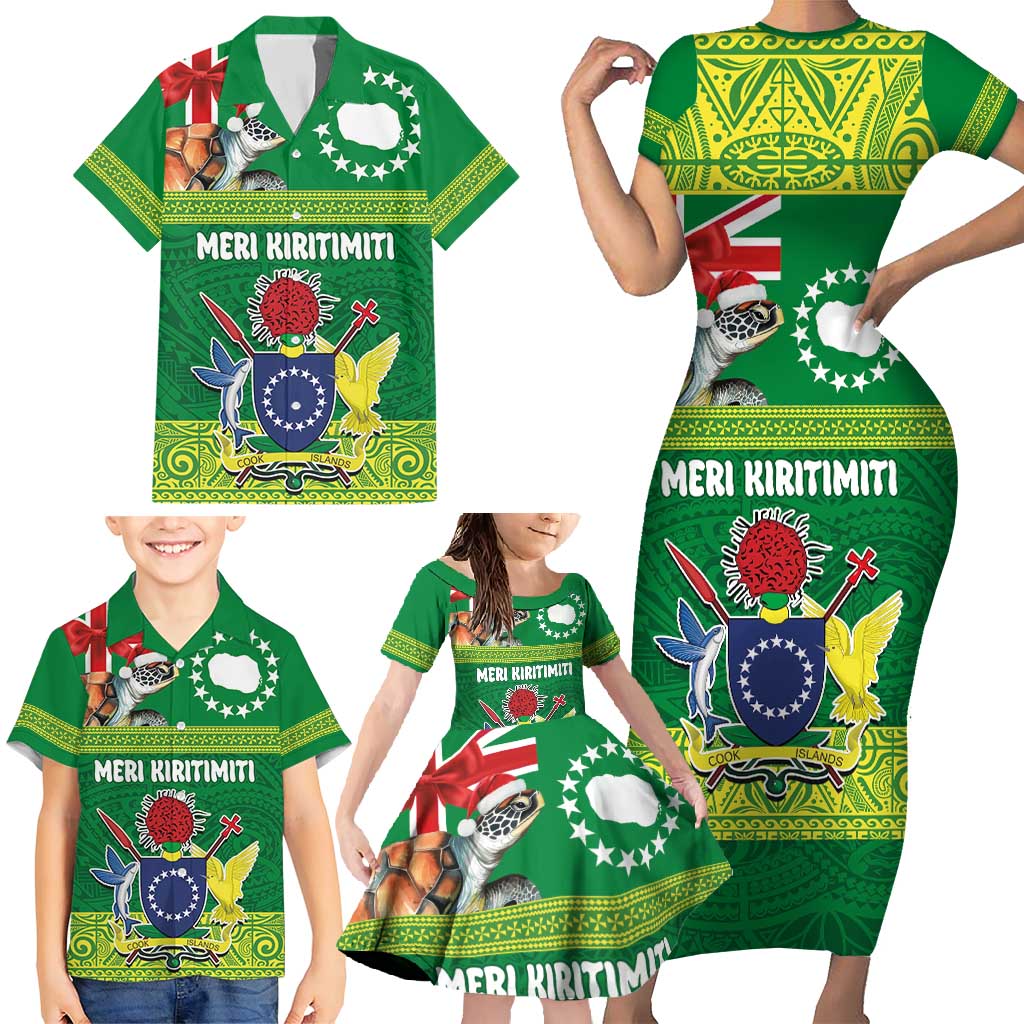 Cook Islands Meri Kiritimiti Family Matching Short Sleeve Bodycon Dress and Hawaiian Shirt Christmas Turtle - Cooks Islands Emblems and Polynesian Art Pattern