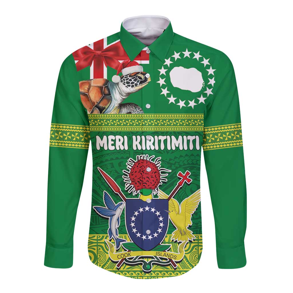 Cook Islands Meri Kiritimiti Long Sleeve Button Shirt Christmas Turtle - Cooks Islands Emblems and Polynesian Art Pattern