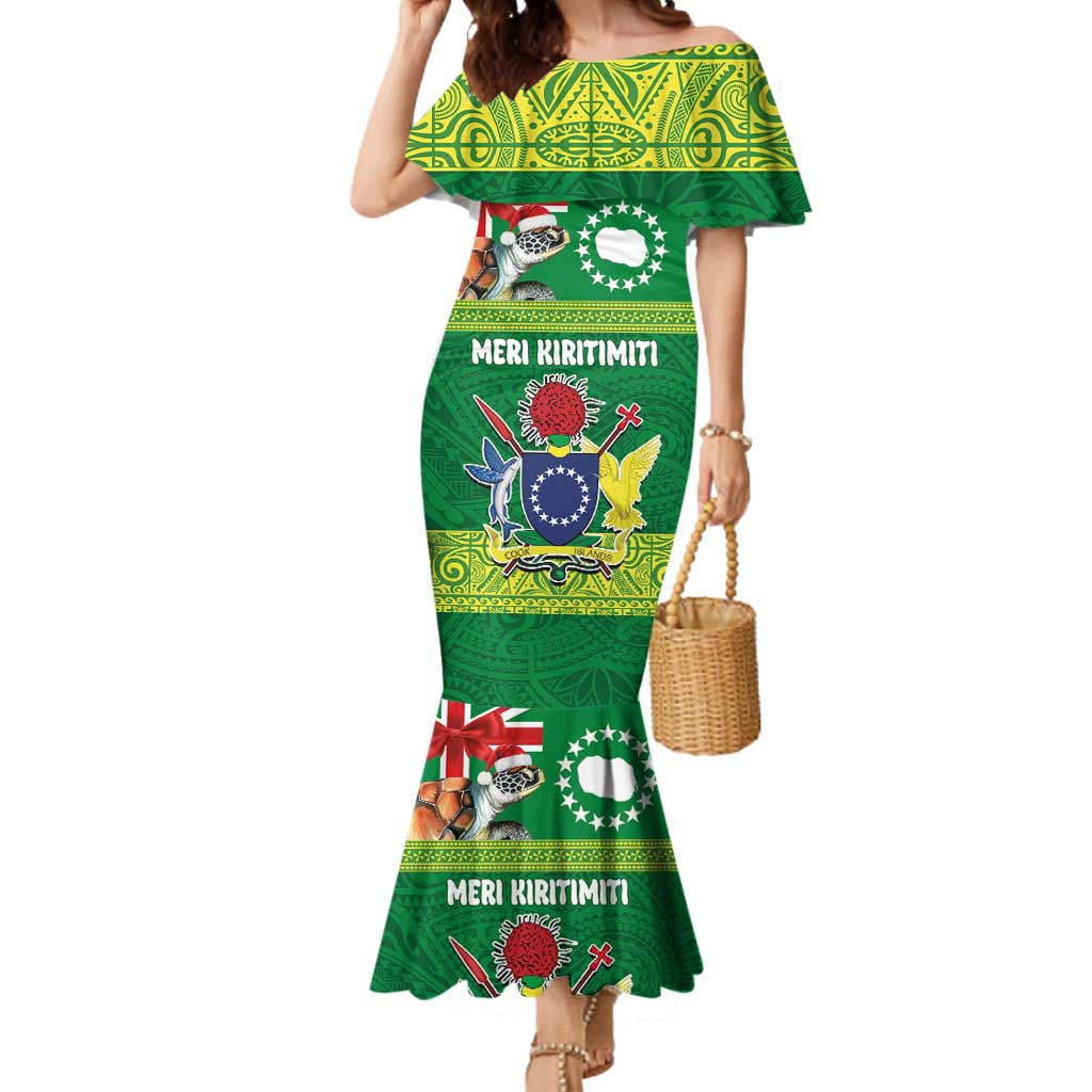 Cook Islands Meri Kiritimiti Mermaid Dress Christmas Turtle - Cooks Islands Emblems and Polynesian Art Pattern