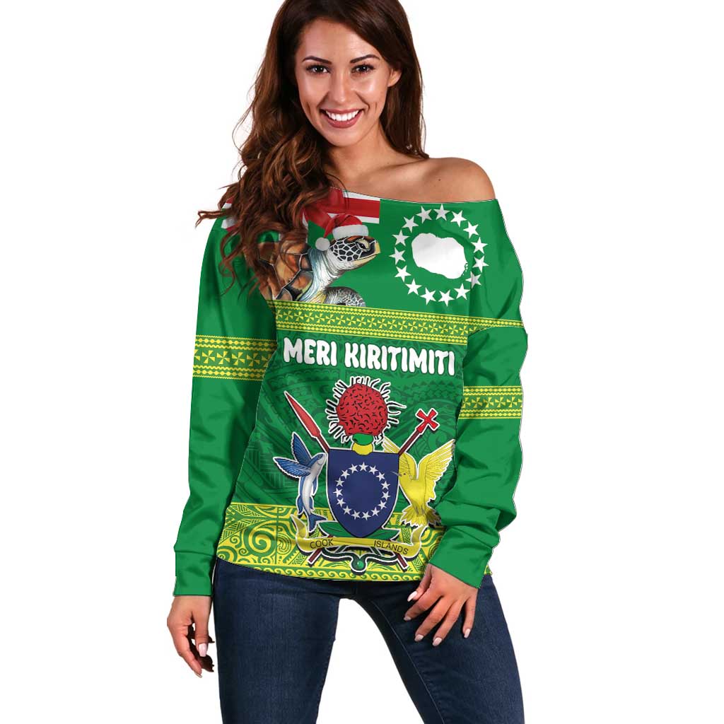 Cook Islands Meri Kiritimiti Off Shoulder Sweater Christmas Turtle - Cooks Islands Emblems and Polynesian Art Pattern