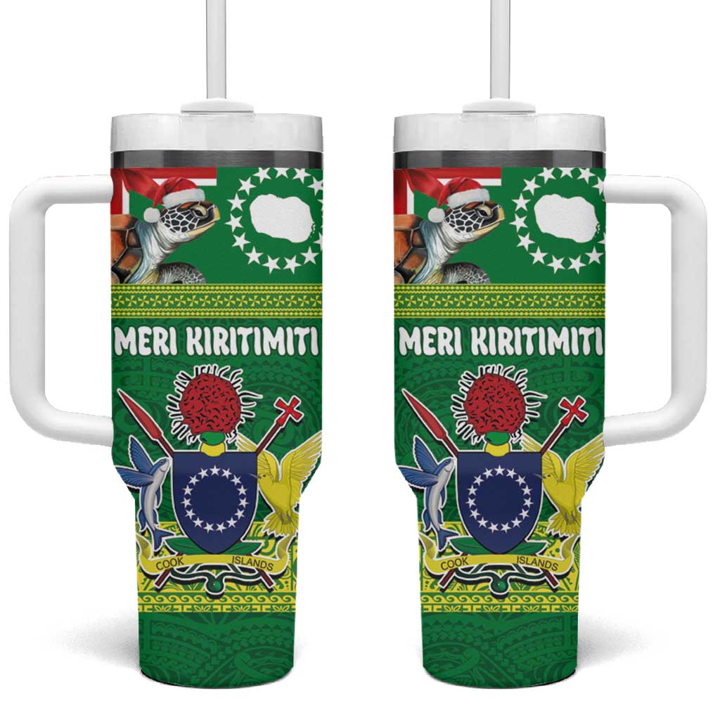 Cook Islands Meri Kiritimiti Tumbler With Handle Christmas Turtle - Cooks Islands Emblems and Polynesian Art Pattern LT03 One Size: 40 oz Green - Polynesian Pride