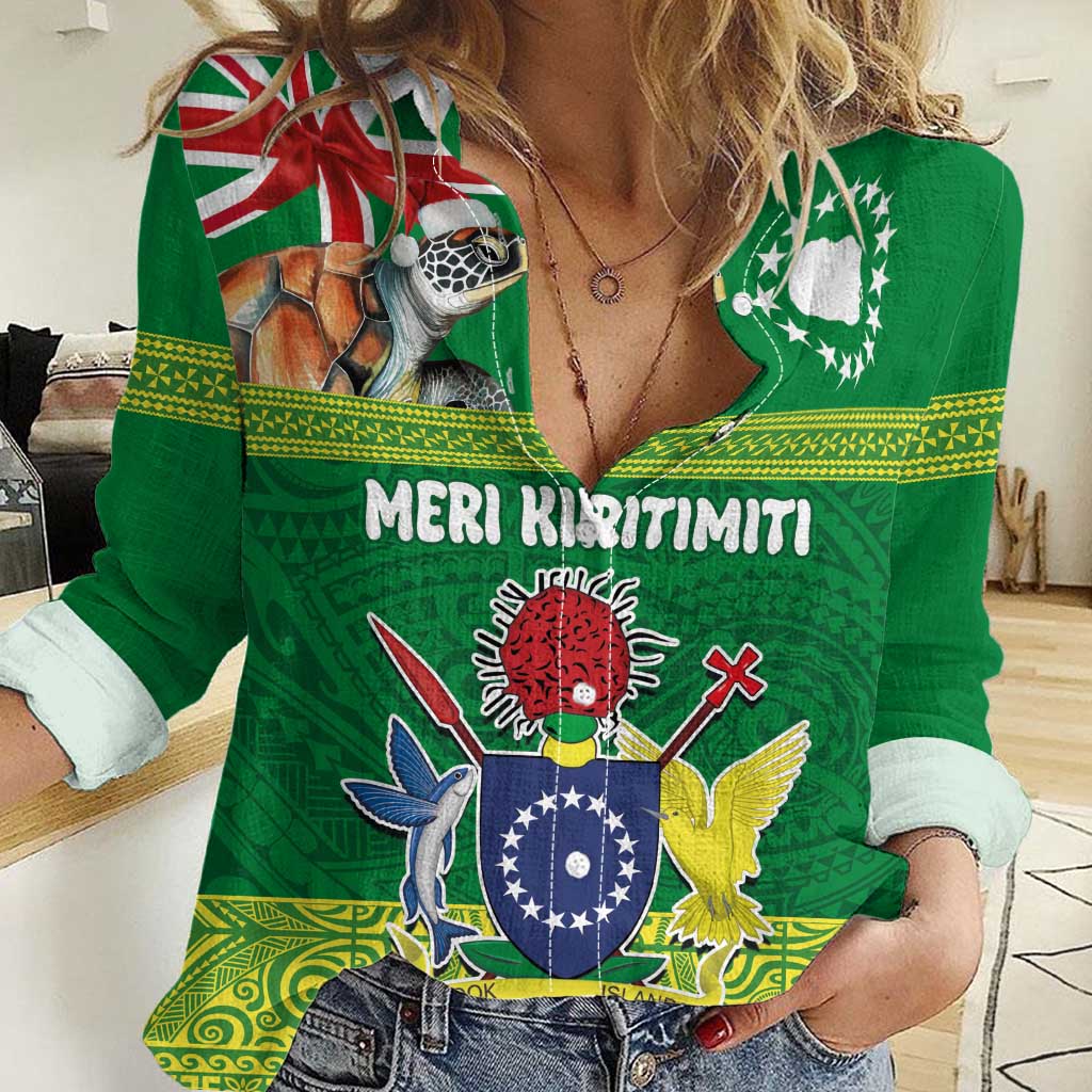 Cook Islands Meri Kiritimiti Women Casual Shirt Christmas Turtle - Cooks Islands Emblems and Polynesian Art Pattern