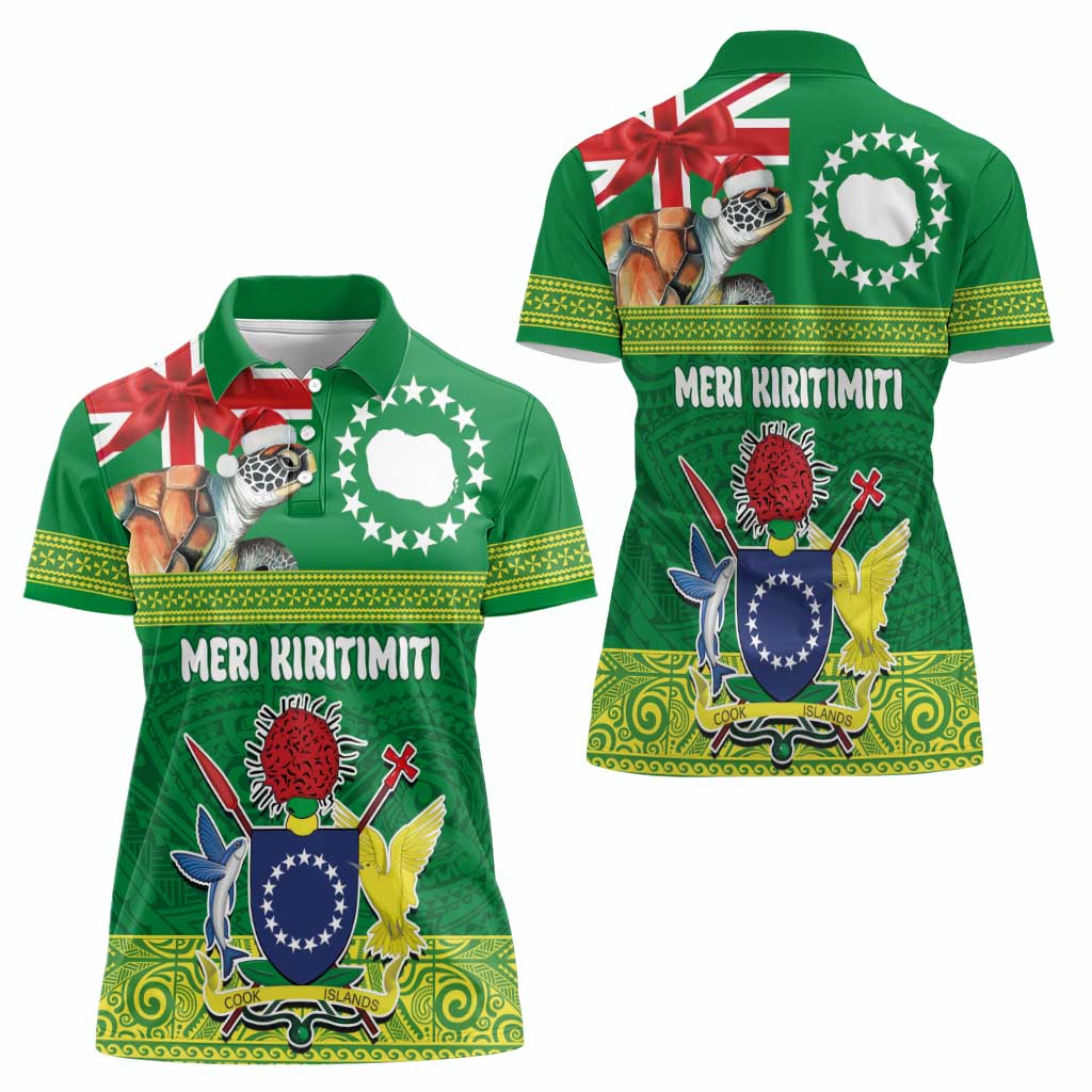 Cook Islands Meri Kiritimiti Women Polo Shirt Christmas Turtle - Cooks Islands Emblems and Polynesian Art Pattern