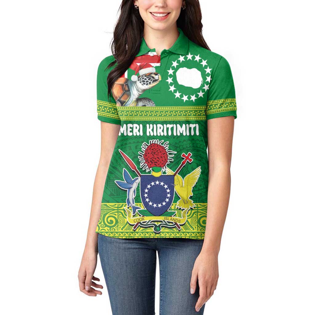Cook Islands Meri Kiritimiti Women Polo Shirt Christmas Turtle - Cooks Islands Emblems and Polynesian Art Pattern