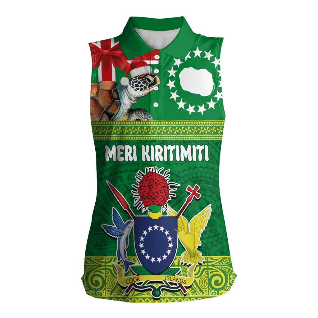 Cook Islands Meri Kiritimiti Women Sleeveless Polo Shirt Christmas Turtle - Cooks Islands Emblems and Polynesian Art Pattern