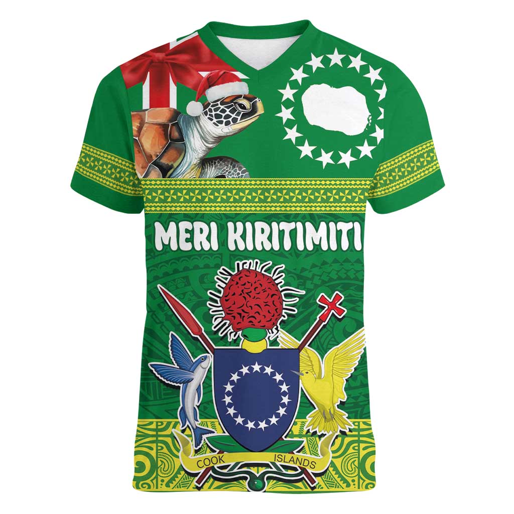 Cook Islands Meri Kiritimiti Women V-Neck T-Shirt Christmas Turtle - Cooks Islands Emblems and Polynesian Art Pattern