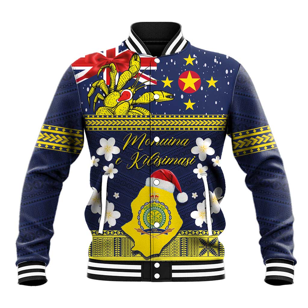 Niue Monuina e Kilisimasi Baseball Jacket Christmas Uga - Niue Map and Emblem with Hiapo Art Pattern