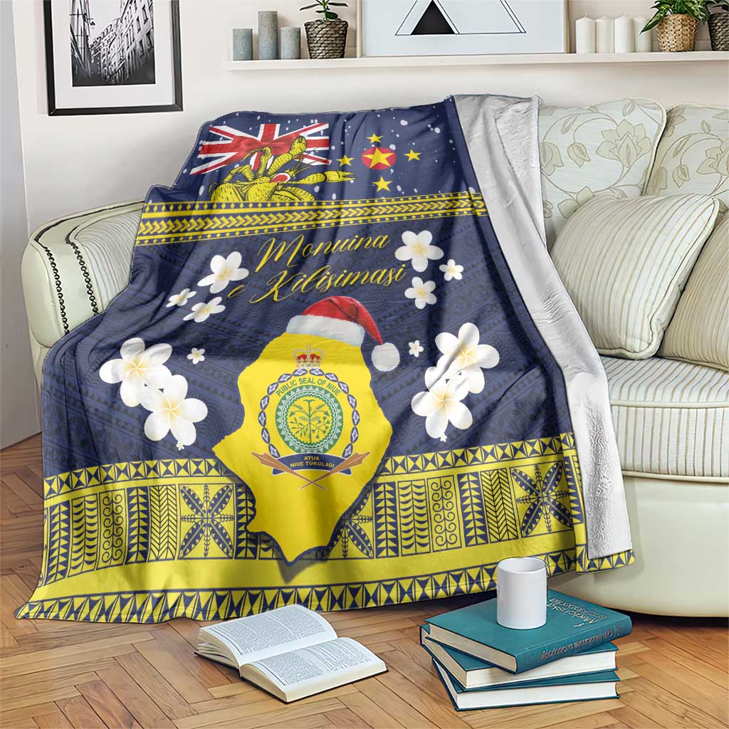 Niue Monuina e Kilisimasi Blanket Christmas Uga - Niue Map and Emblem with Hiapo Art Pattern