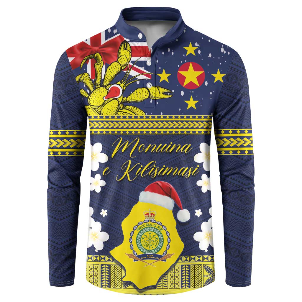 Niue Monuina e Kilisimasi Button Sweatshirt Christmas Uga - Niue Map and Emblem with Hiapo Art Pattern