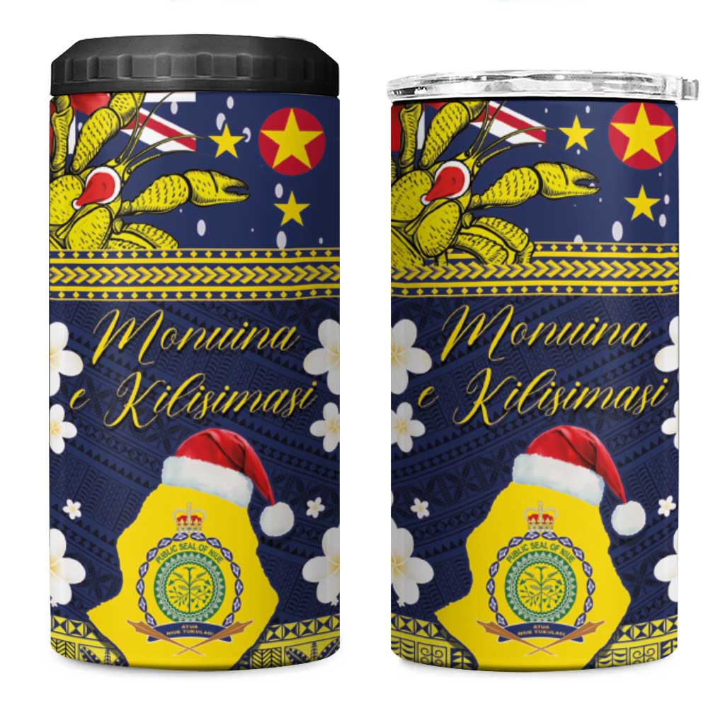 Niue Monuina e Kilisimasi 4 in 1 Can Cooler Tumbler Christmas Uga - Niue Map and Emblem with Hiapo Art Pattern