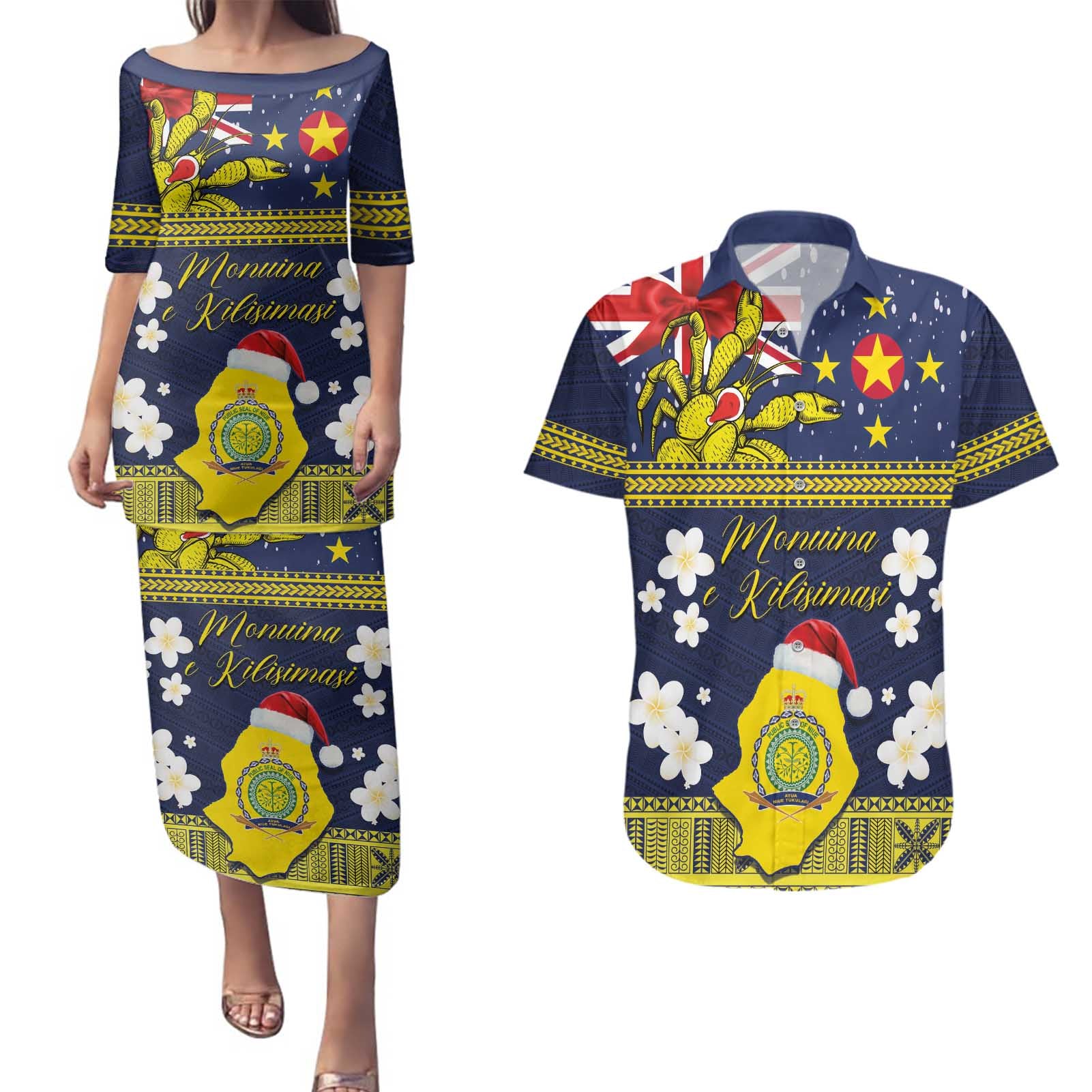 Niue Monuina e Kilisimasi Couples Matching Puletasi and Hawaiian Shirt Christmas Uga - Niue Map and Emblem with Hiapo Art Pattern