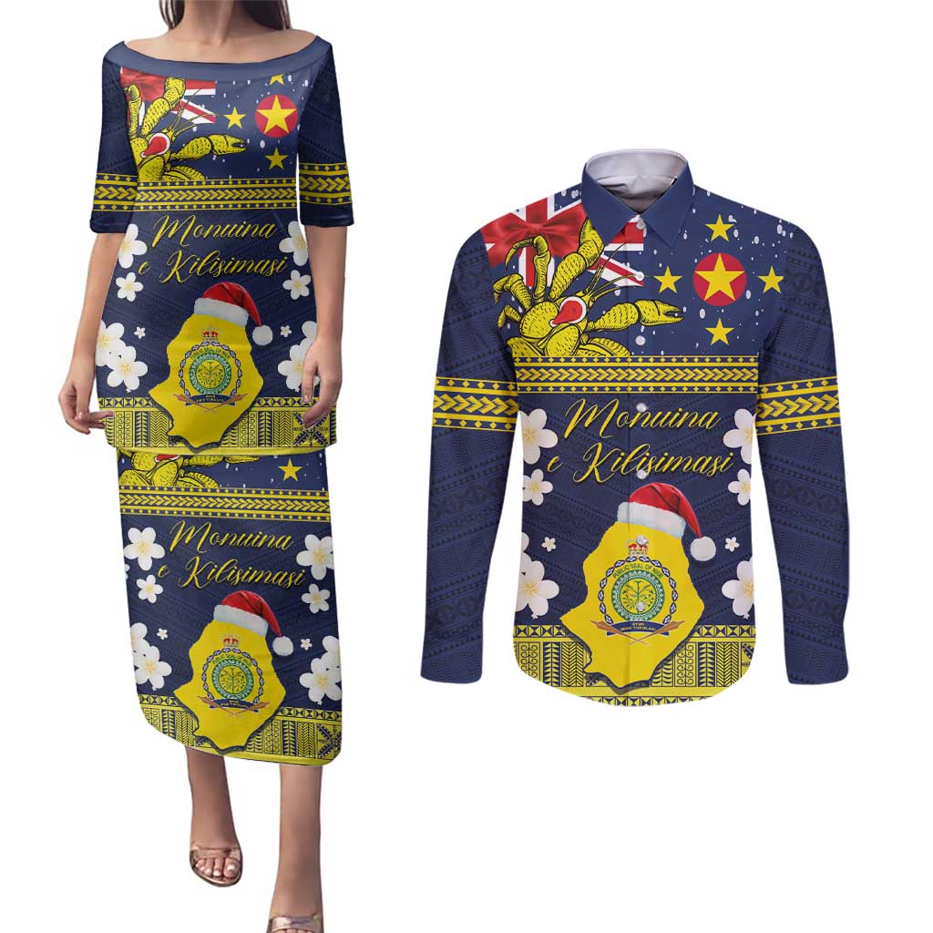 Niue Monuina e Kilisimasi Couples Matching Puletasi and Long Sleeve Button Shirt Christmas Uga - Niue Map and Emblem with Hiapo Art Pattern