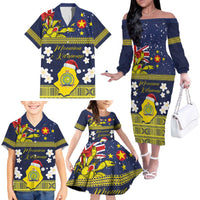 Niue Monuina e Kilisimasi Family Matching Off The Shoulder Long Sleeve Dress and Hawaiian Shirt Christmas Uga - Niue Map and Emblem with Hiapo Art Pattern