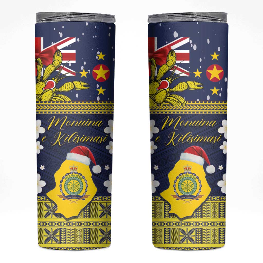 Niue Monuina e Kilisimasi Skinny Tumbler Christmas Uga - Niue Map and Emblem with Hiapo Art Pattern