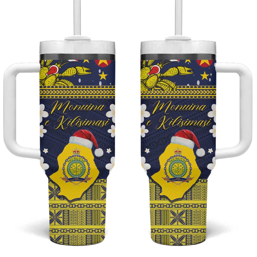 Niue Monuina e Kilisimasi Tumbler With Handle Christmas Uga - Niue Map and Emblem with Hiapo Art Pattern