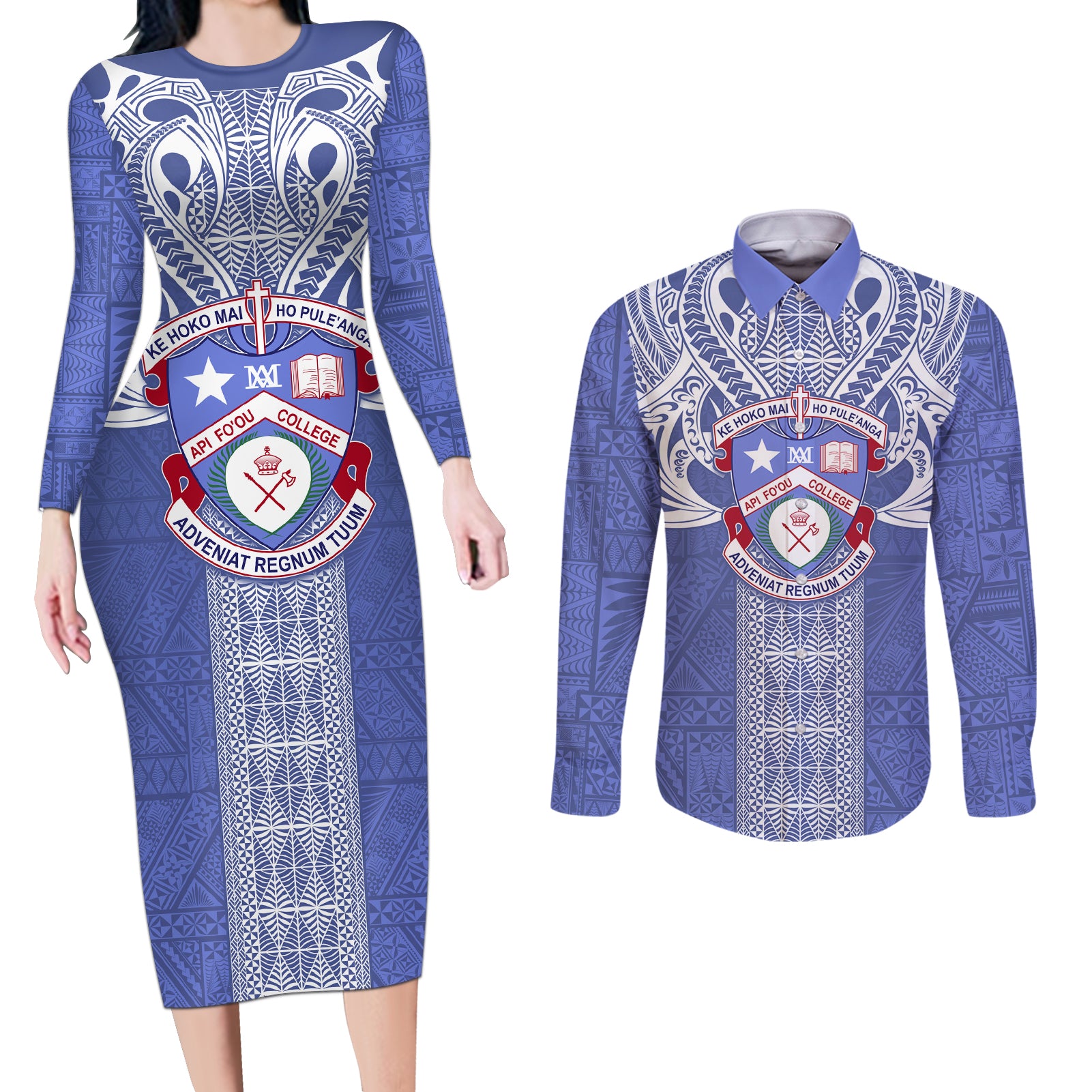 Tonga Apifoou School Couples Matching Long Sleeve Bodycon Dress and Long Sleeve Button Shirt Ngatu and Polynesian Pattern LT03 Blue - Polynesian Pride